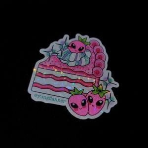 Alien strawberry birthday cake sticker glitter UV blacklight reactive